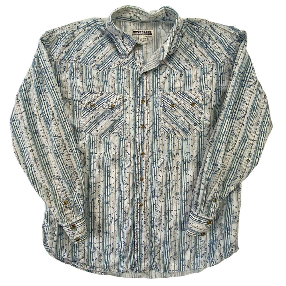 Drysdales Western Shirt Striped Paisley Sz 2XT Long Sleeve Snap White Blue Retro